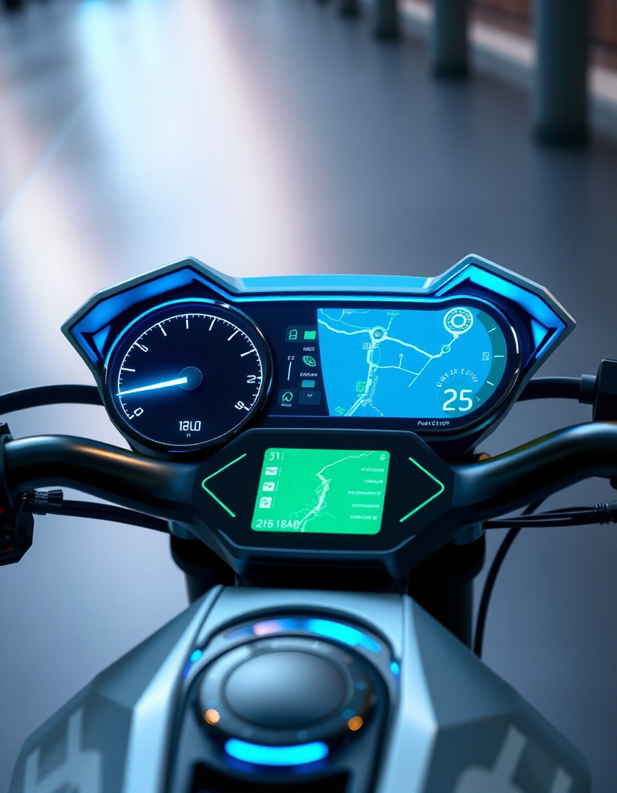 E-Bike Dashboard showing speed, battery, distance, and performance metrics