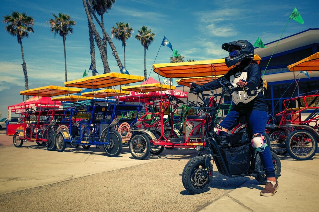 Rider wearing a helmet on an e-bike